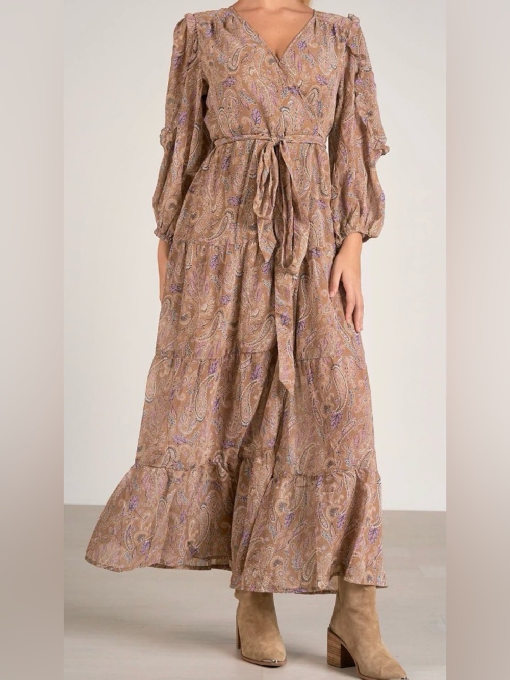 Elan Long Sleeve Paisley Dress in Beige and Purple - NWT - Size L